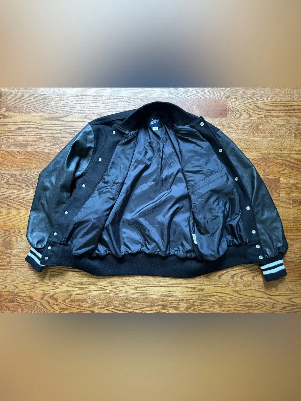 Jostens Men’s L Black Wool Leather Varsity Letterman Jacket V Horn Patch